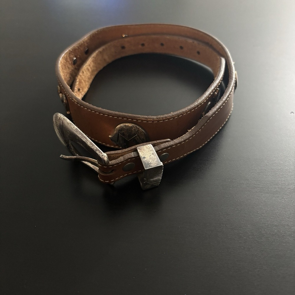 Vintage 1990 Silver Creek Leather Belt w Western‎ Charm Attached Sz 26 Boho